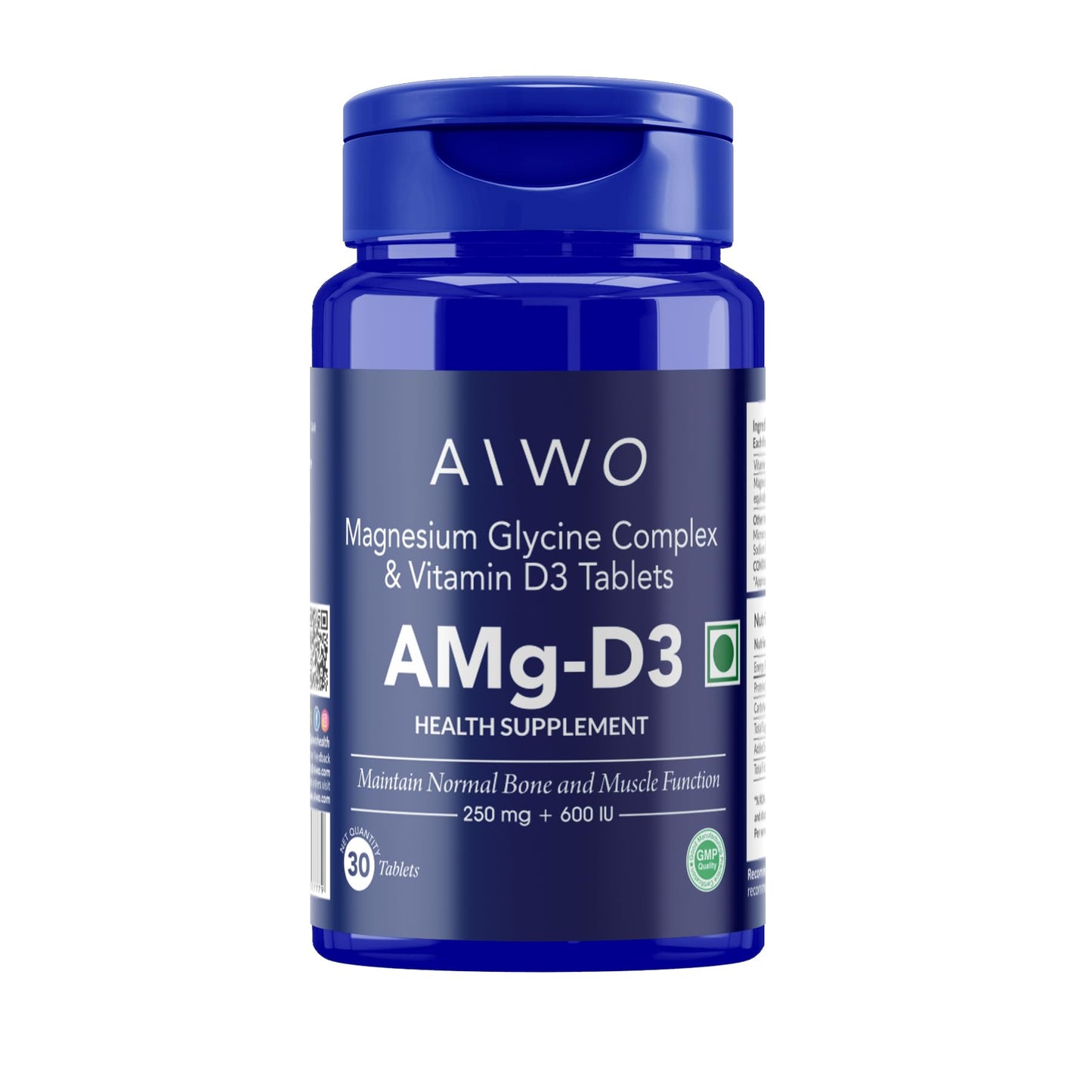AIWO AMg-D3 Magnesium Glycinate 250 mg + Vitamin D3 600 IU Tablets | Supports Brain, Muscle, Bone & Overall Wellness | Vegetarian Supplement for Men & Women | Daily Use Formula | 30 Tablets