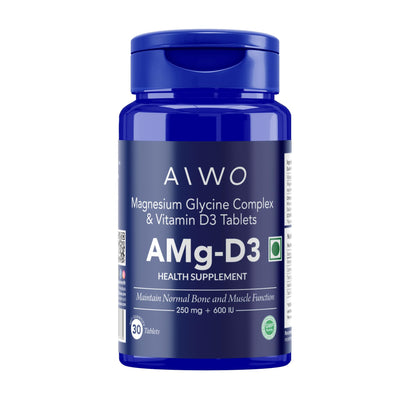 AIWO AMg-D3 Magnesium Glycinate 250 mg + Vitamin D3 600 IU Tablets | Supports Brain, Muscle, Bone & Overall Wellness | Vegetarian Supplement for Men & Women | Daily Use Formula | 30 Tablets