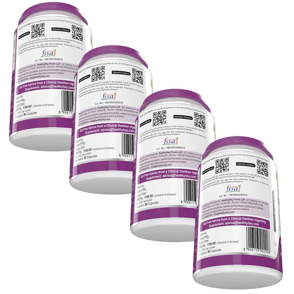 HealthyHey Nutrition High Absorption Magnesium Glycinate, 550mg - 90 Vegetable Capsules - Pack of 4