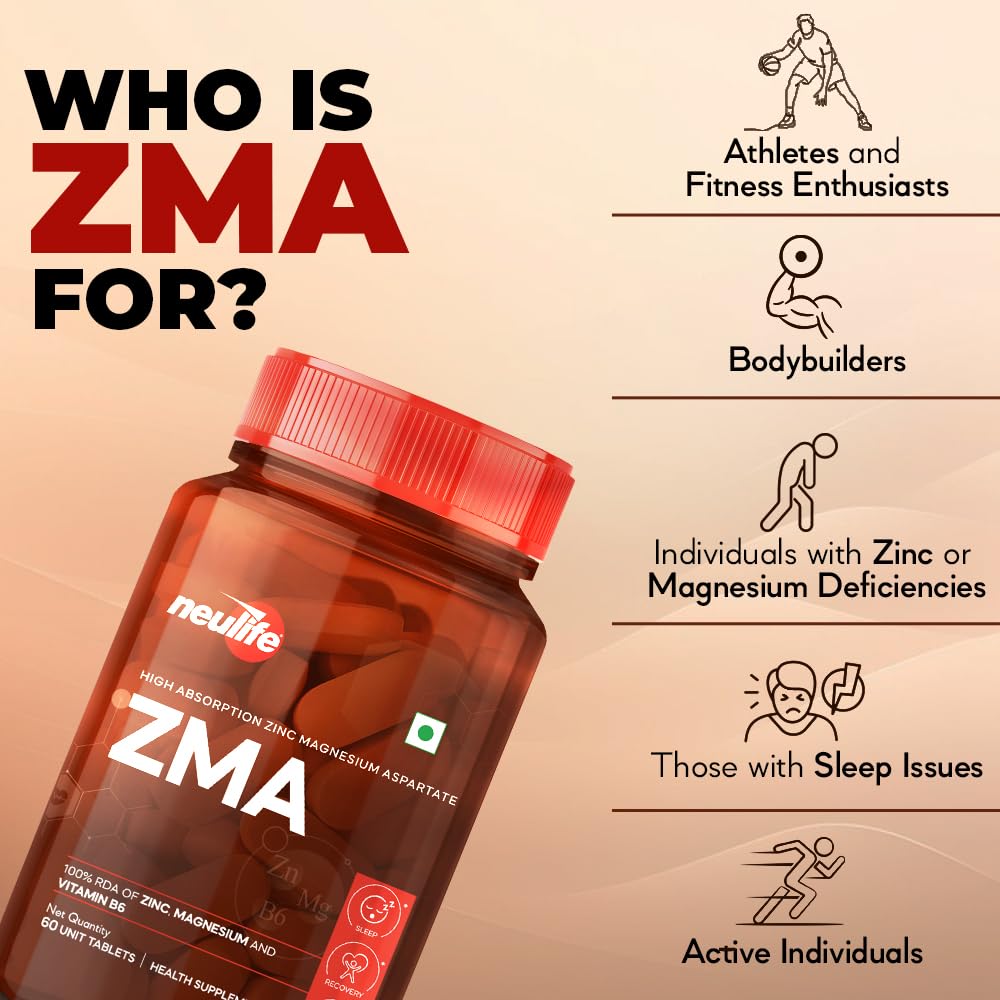 Neulife ZMA-Zinc + Magnesium + B6 for Recovery & all-round Health boost Tablets- (60Tabs)