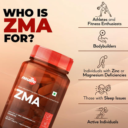 Neulife ZMA-Zinc + Magnesium + B6 for Recovery & all-round Health boost Tablets- (60Tabs)