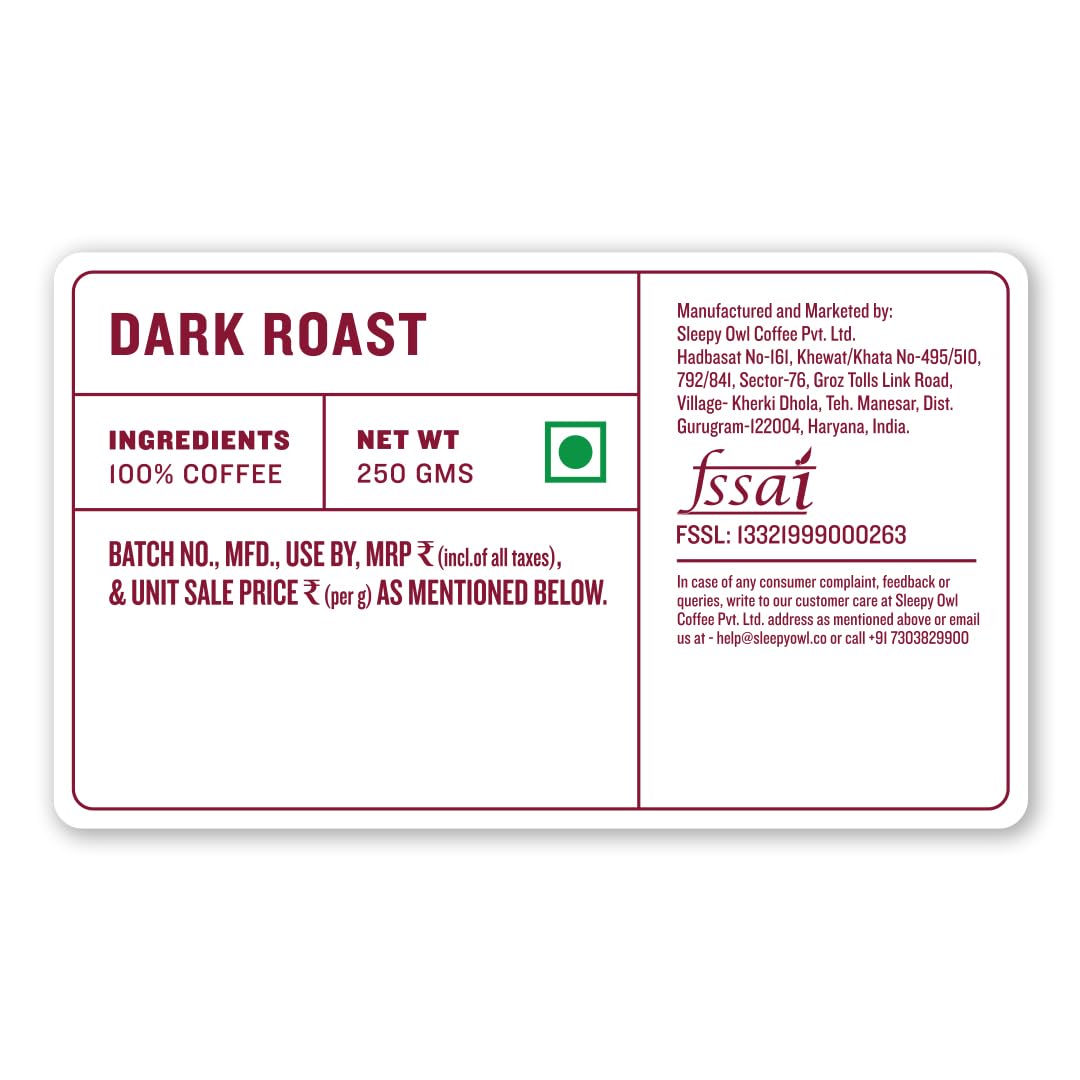 Sleepy Owl Dark Roast Ground Coffee | Fine Grind Coffee | Suitable for Moka Pot, Home Espresso brewing | 100% Arabica | Freshly Roasted & Ground | 250g | Directly Sourced From Chikmagalur