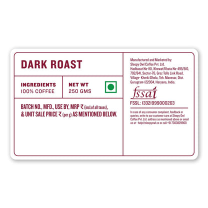 Sleepy Owl Dark Roast Ground Coffee | Fine Grind Coffee | Suitable for Moka Pot, Home Espresso brewing | 100% Arabica | Freshly Roasted & Ground | 250g | Directly Sourced From Chikmagalur