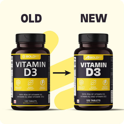 Boldfit Vitamin D3 K2 Supplement for Bone & Heart Health | Vitamin-D tablets with Vitamin-K2 MK7 | Premium Vitamin-B12 supplement for Energy, Bones, Immunity and General Wellness -120 Count