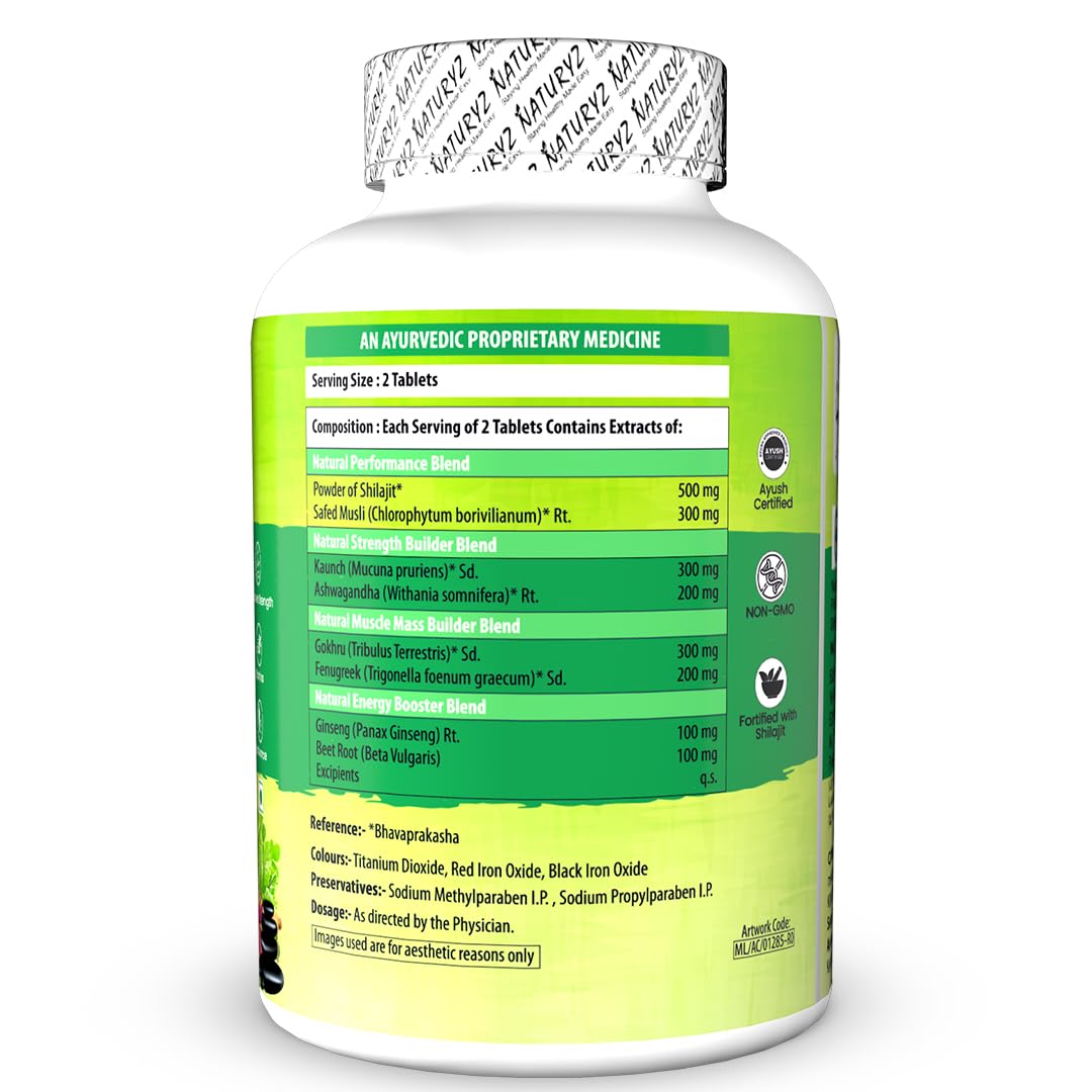 Naturyz VEDA Natural T-MAX Booster with 8 Ayurvedic Herbs | Highest Strength Shilajit | Safed Musli | Kaunch | Ashwagandha | Gokshura | Ginseng | High absorption | Original Shilajeet Improves Strength, Stamina, Endurance, Energy & Muscle Mass for Men & Wo