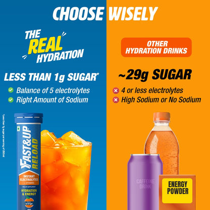 Fast&Up Reload (5 Litres) Low Sugar energy drink for Instant Hydration - 20 Effervescent Tablets with all 5 Essential Electrolytes + Added Vitamins - Certified Electrolytes Drink - Orange flavour