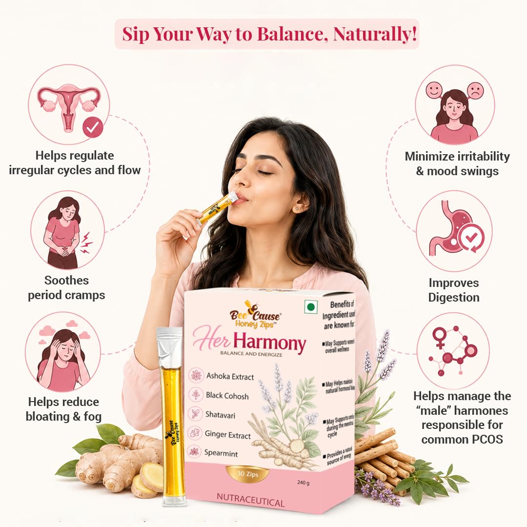 BeeCause HerHarmony Honey Zips for Women | Hormonal Balance Supplement Alternate with Shatavari, Ashoka, Ginger & Black Cohosh | Supports PCOS & Menstrual Wellness | Better Cycle, Ease Pain- 30 Sachets(240g)