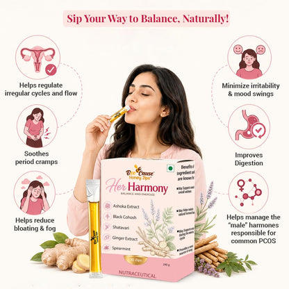 BeeCause HerHarmony Honey Zips for Women | Hormonal Balance Supplement Alternate with Shatavari, Ashoka, Ginger & Black Cohosh | Supports PCOS & Menstrual Wellness | Better Cycle, Ease Pain- 30 Sachets(240g)