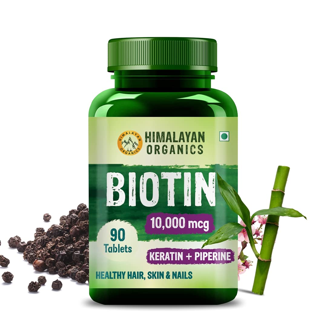 Himalayan Organics Biotin 10000 Mcg With Calcium, Keratin + Piperine Supplement For Glowing Skin, Fight Nails And Strong Hair (90 Tablets)