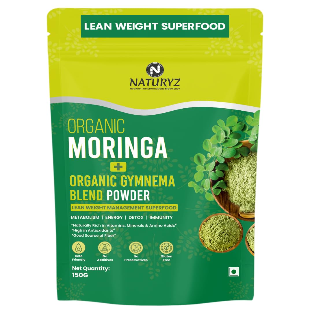 NATURYZ Organic Moringa +Gymnema ( Gudmar) Powder leaves for Lean Weight Management | Supports Blood Sugar Control, Reduces Cravings & Enhances Metabolism | Energy | Detox | Immunity | USDA Organic Certified | Pesticides & Chemical-Free - 150g
