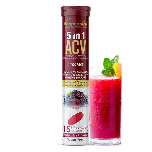 Vitaminnica ACV Moringa 5-in-1-15 Effervescent Tablets | Sugar-Free | Mixberry Flavor | Ultimate Detox & Metabolism Booster