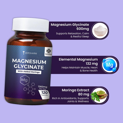 ZEROHARM Magnesium Glycinate with Moringa - High Absorption Nano Magnesium Supplement for Sleep, Stress Relief & Muscle Relaxation - 120 Veg Capsules - Plant-Based High Strength 1360mg for Men & Women