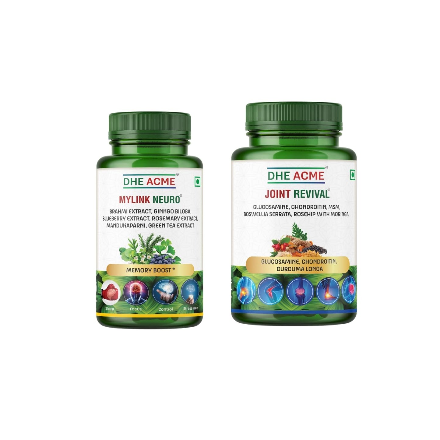 DHE ACME Memory Boost and Joint Support Supplement Combo Pack, Mylink Neuro with Brahmi & Ginkgo Biloba, Joint Revival with Glucosamine & Chondroitin