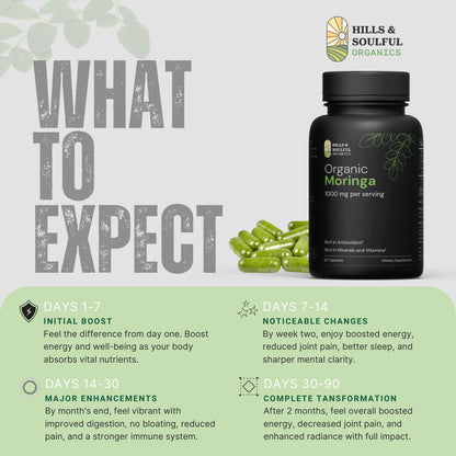 Hills and Soulful Organics Moringa Powder Capsules | Nutrient Rich Natural Green Antioxidant Superfood | Supports Energy, Skin Health, Gut Health - With Essential Vitamins & Amino Acids - 60 Capsules