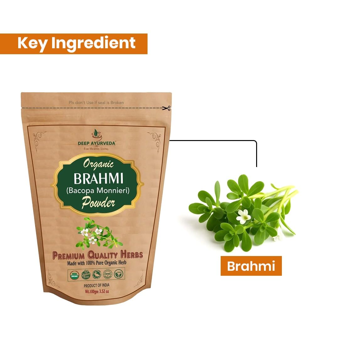 Organic Brahmi Powder (Bacopa Monnieri) – 100% Pure Herbal Powder | Ayurvedic Brain & Memory Support Supplement | Natural Cognitive Wellness & Stress Support | Vegan & Chemical-Free