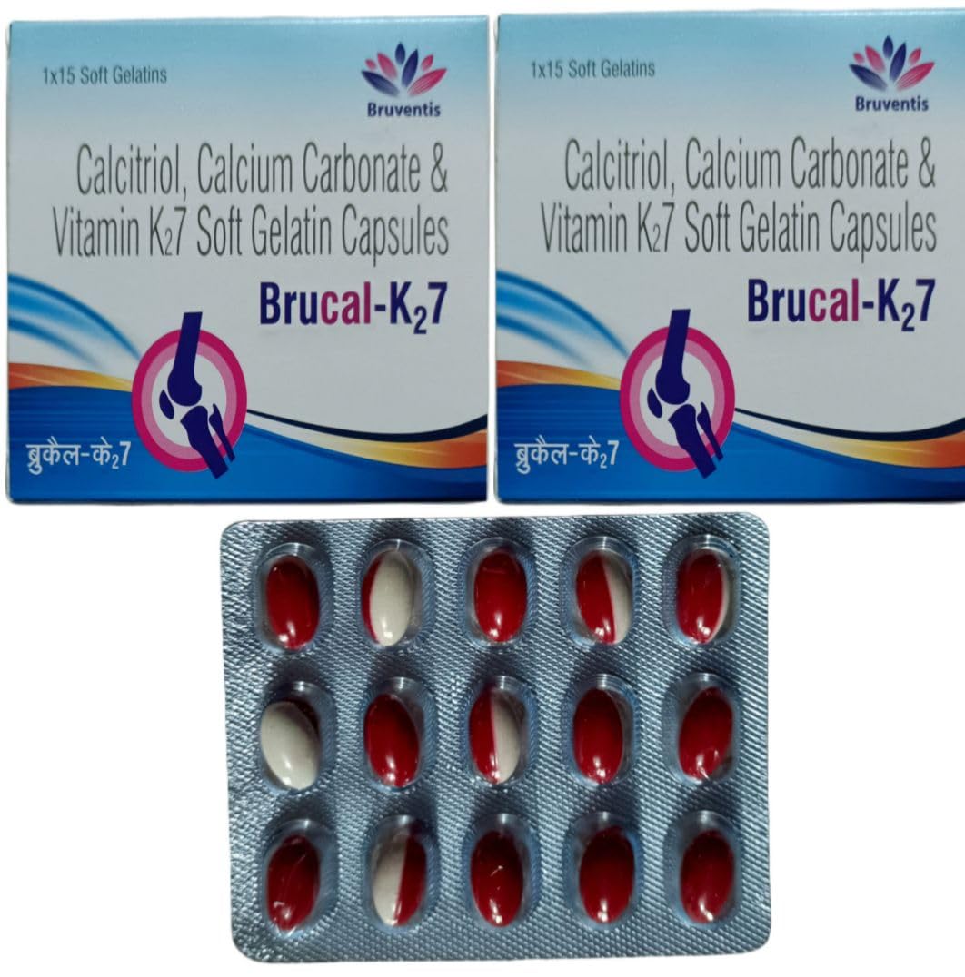 Brucal K2 7 Calcitriol, Calcium Carbonate & Vitamin K2-7 Soft Gelatin Capsules, 15 Count, for Bone Strength.pack of-2