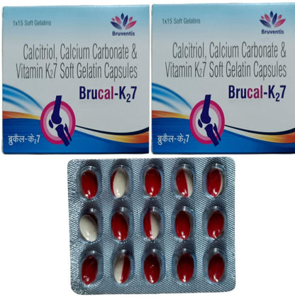 Brucal K2 7 Calcitriol, Calcium Carbonate & Vitamin K2-7 Soft Gelatin Capsules, 15 Count, for Bone Strength.pack of-2