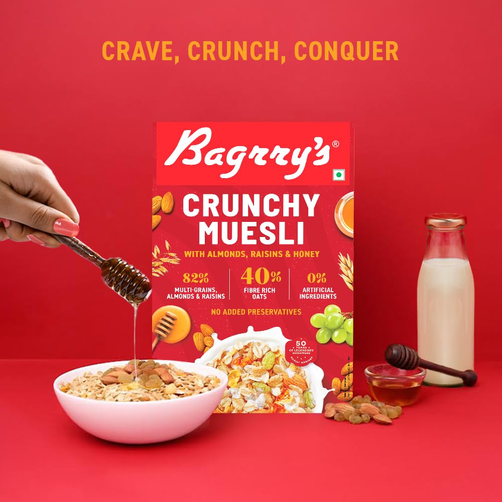Bagrry's Crunchy Muesli 200gm Box| 40% Fibre Rich Oats with Bran | 82% Multi Grains, Almonds, Raisins & Honey | Breakfast Cereal