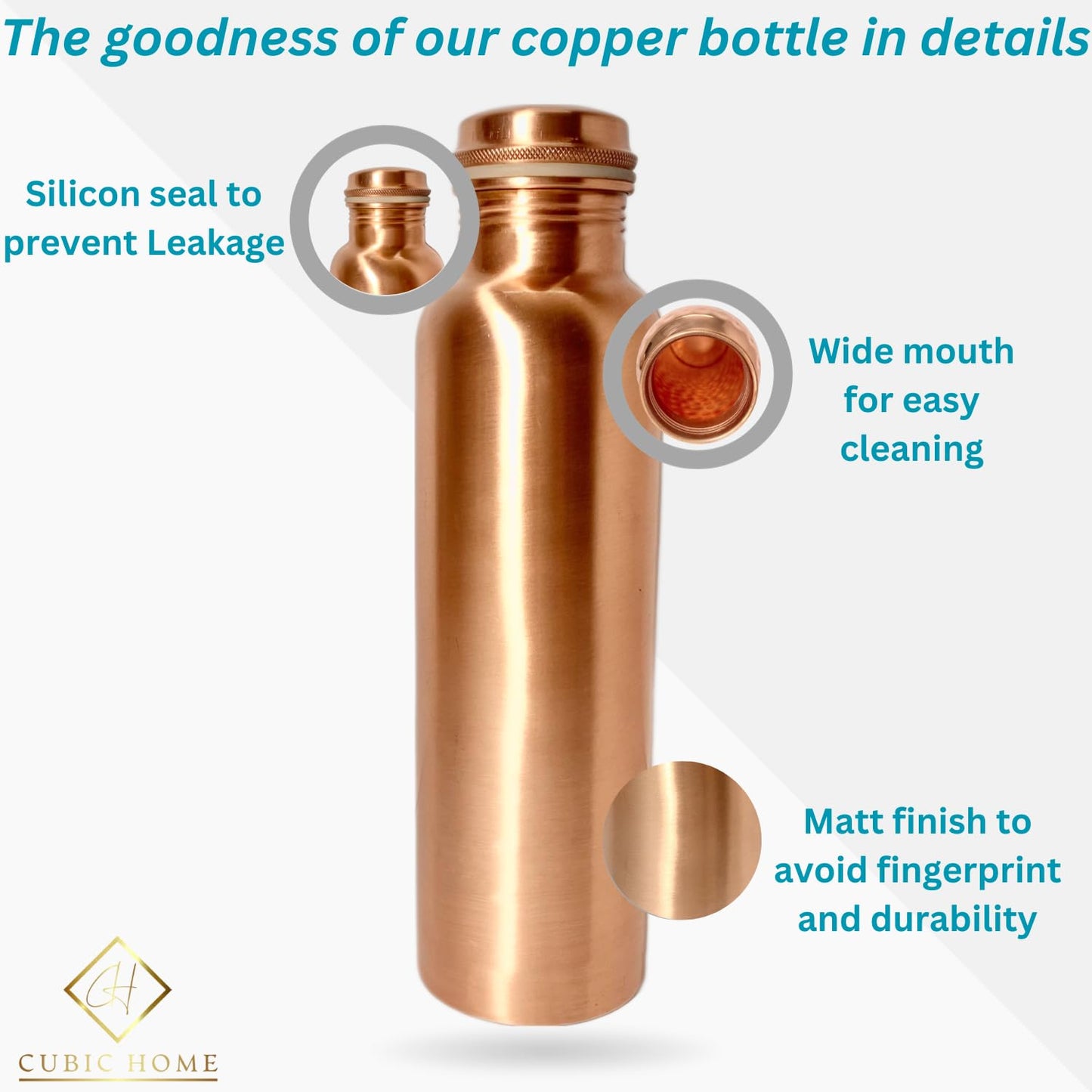 CUBIC HOME Ayurvedic Pure Copper Water Bottle 1000 ml For Drinking | Travel Water Bottle for Gym, Office, Hiking, Outdoor, Home and Gifting | Lab-Tested, Leak-Proof | (Smooth Finish Bottle)