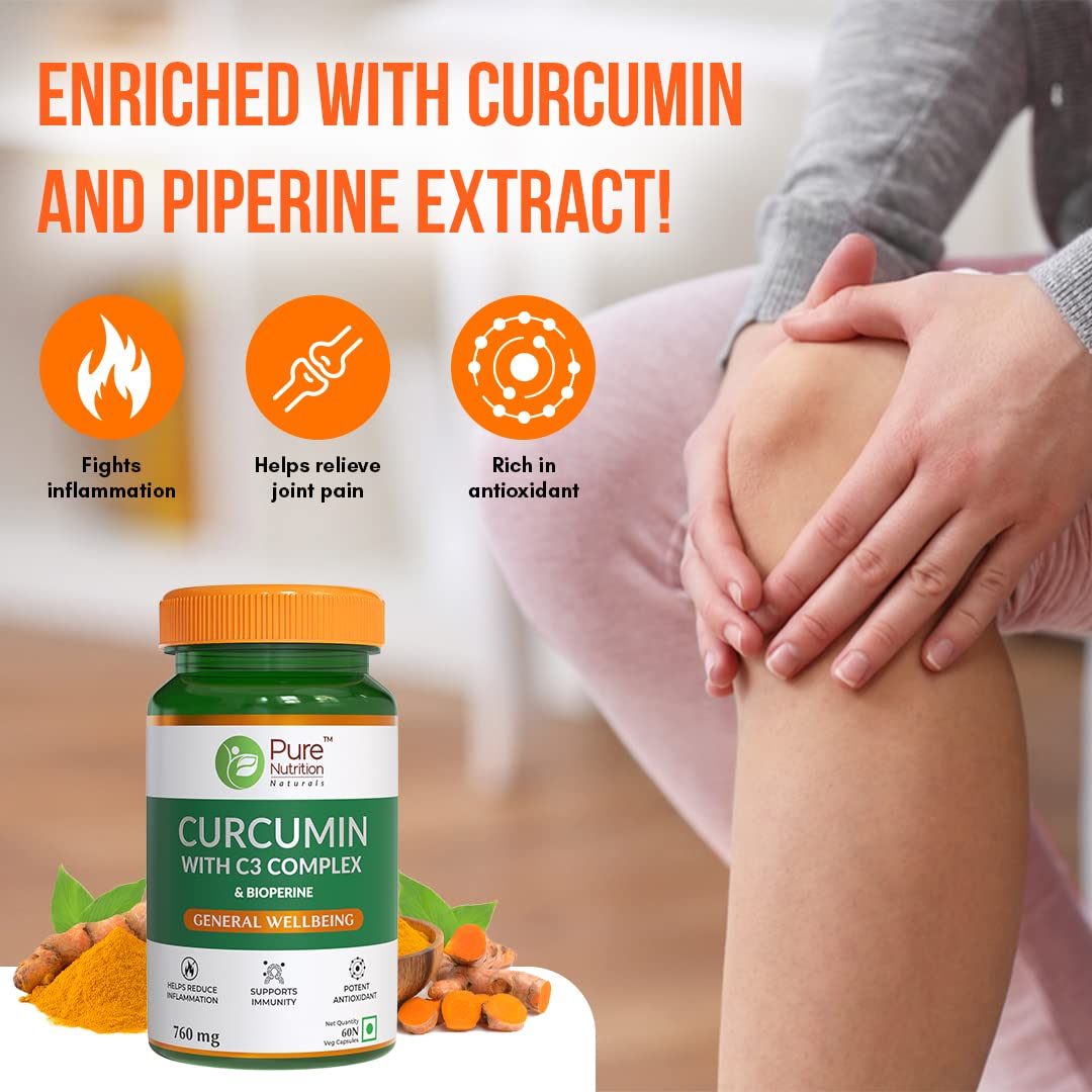 Pure Nutrition Curcumin with C3 Complex (Curcuminoids 95%), Bioperine™(Piper Nigrum), Amla & Sunthi Extracts | Fights Inflamation, Relieves Joint Pain, Rich in Antioxidants | 60 Veg Capsules