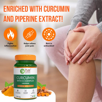 Pure Nutrition Curcumin with C3 Complex (Curcuminoids 95%), Bioperine™(Piper Nigrum), Amla & Sunthi Extracts | Fights Inflamation, Relieves Joint Pain, Rich in Antioxidants | 60 Veg Capsules