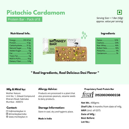 MONKEY BAR - Pistachio Cardamom Protein Bar - 8 Bars, 50g each, 11g Pro- image 3