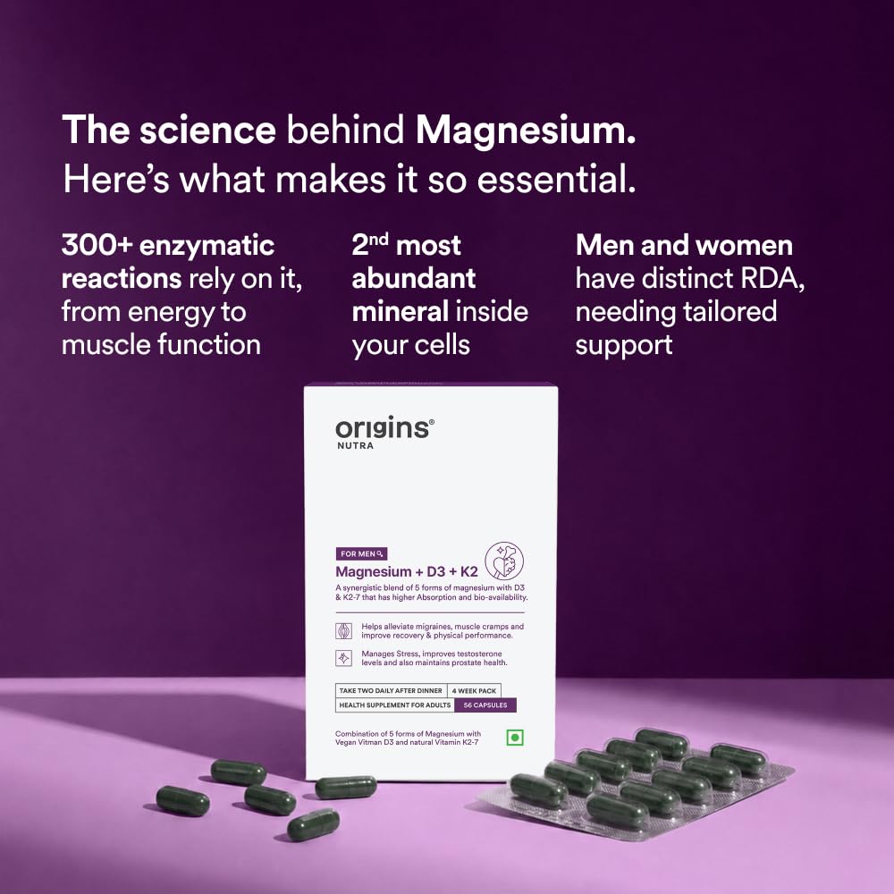 Origins Nutra 5-in-1 Magnesium + D3 + K2 for Men | 100% RDA of Magnesium, D3 & K2 | 56 Veg. Capsules | Supports Muscle Health, Energy & Stress Management | GMP Certified | Pack of 1