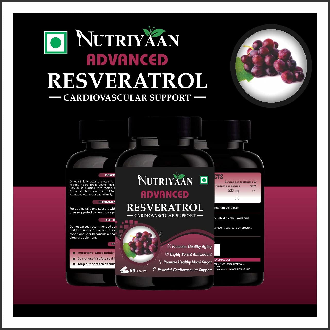 Nutriyaan Advanced Resveratrol For Glowing Skin And A Radiant Heart (500mg, 60 Veg Capsules)