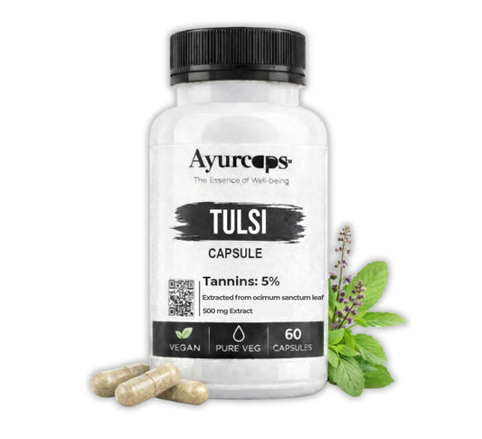 Ayurcaps Tulsi 500mg 60 Veg Capsules Holy Basil Ayurvedic Herbal Supplement Supports Immunity, Throat And Respiratory, Stress Wellness Natural Antioxidant And Daily Care