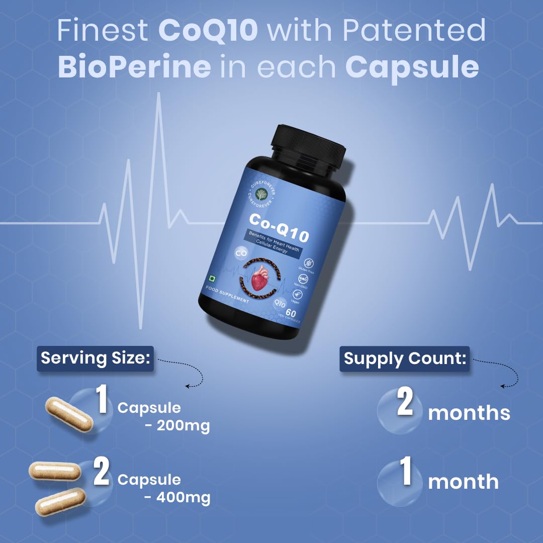 CUREFOREVER Coenzyme Q10 (CoQ10) | 400mg Supplement with BioPerine 10mg | Supports Heart Health and Vascular Health, Healthy Ageing, Cellular Energy Support, Antioxidant Formula – 60 Capsules