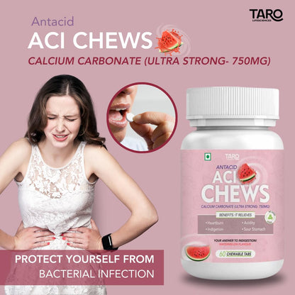 AciChews | Watermelon Flavor Antacid | 750mg Strong Calcium Carbonate Tablets for Quick Acidity & Indigestion Relief | 60 Chewables