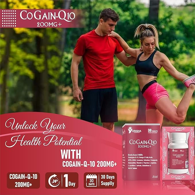 Yurisha Healthcare CoGain-Q10 Dietary Supplement | 30 Tablets with Coenzyme Q-10 and Omega-3 Fatty Acids (PACK of 2) (200MG+)
