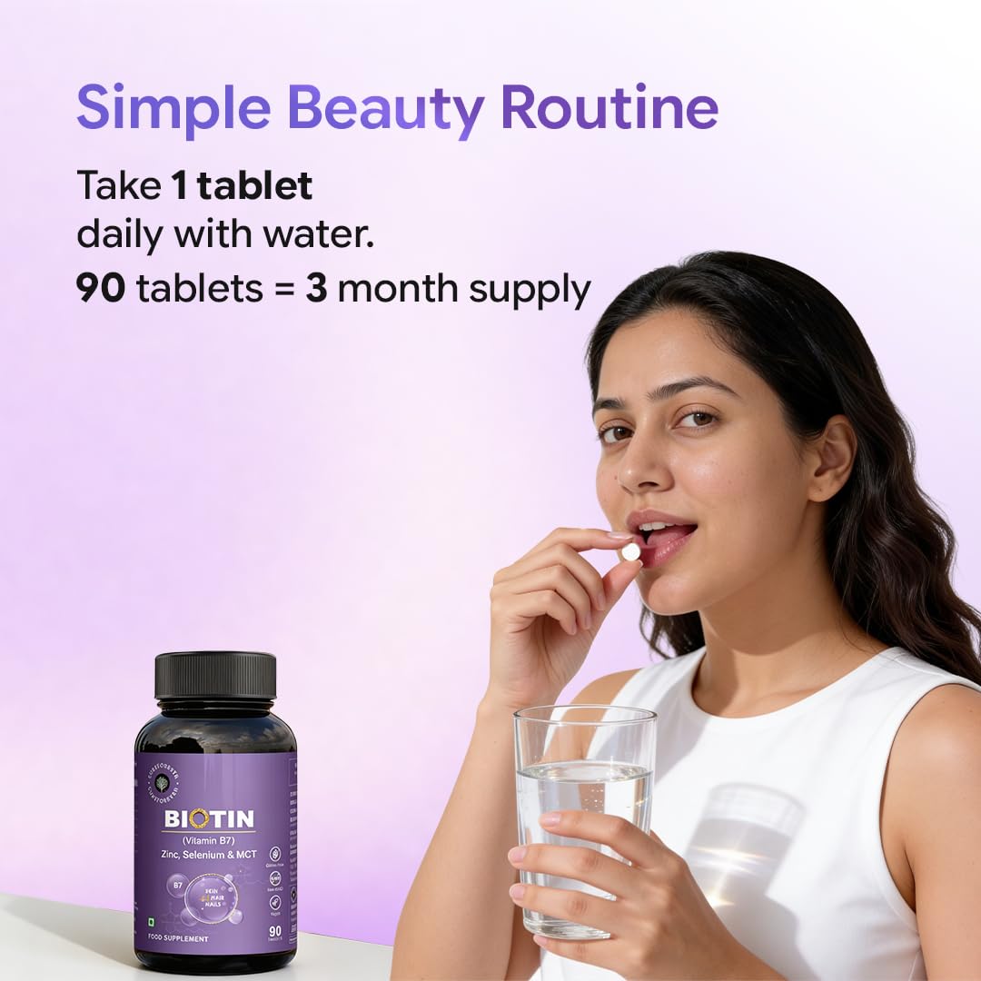 CUREFOREVER Biotin Tablets for Hair Growth, Skin & Nails – 100% RDA with Zinc, Selenium & Coconut MCT | Supplement For Healthy Hair, Nails & Skin | 90 Veg Tablets for Men & Women | 3 Months Supply | 1 Daily Dose
