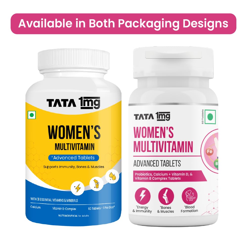 Tata 1mg Women's Multivitamin Veg Tablet with Zinc, Vitamin C, Calcium, Vitamin D and Iron, Support Health Protection, Bones & Overall Health (Pack Of 60 Tablets)