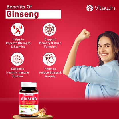 VitaWin Ginseng Capsules 500mg | Herbal Supplement for Daily Vitality, Active Lifestyle & Wellness Support | 60 Vegetarian Capsules