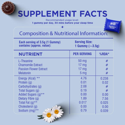 Arth 5mg Melatonin Gummies For Deep Sleep, Relaxation & Calmness -30 Sleep Gummies for Men & Women | L-Theanine, Chamomile & Passion Flower | Regulates Sleep Cycle | No Added Sugar | Cranberry Flavour