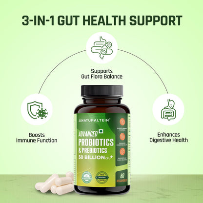 NATURALTEIN Advanced Probiotics & Prebiotics 50 Billion CFU | 9-Strain Gut Health Formula for Digestion, Immunity & Nutrient Absorption | 60 Veg Capsules