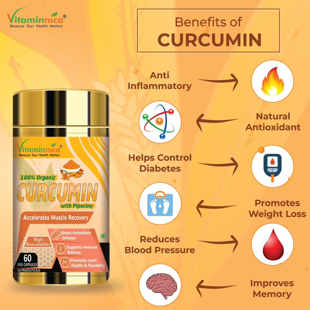 Vitaminnica Curcumin with Piperine with 95% Curcuminoids | Anti inflammatory Supplement for Adults | Supports Joint Health– 60 Veg Capsules
