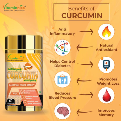 Vitaminnica Curcumin with Piperine with 95% Curcuminoids | Anti inflammatory Supplement for Adults | Supports Joint Health– 60 Veg Capsules
