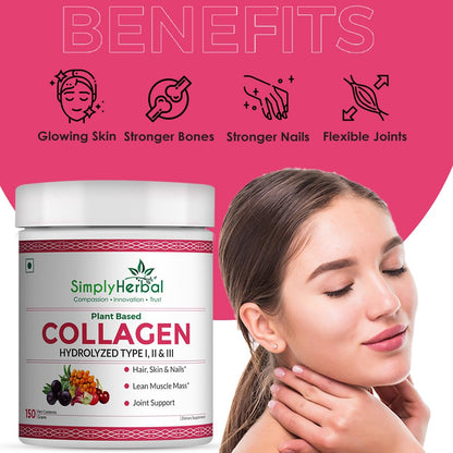 Simply Herbal Plant Based Collagen Powder Natural Peptide Builder Supplement Drink With Vitamin C, Silica, & Biotin For Skin Hair Nail Health Promote Bone Joint Function for Men & Women – 150 gm