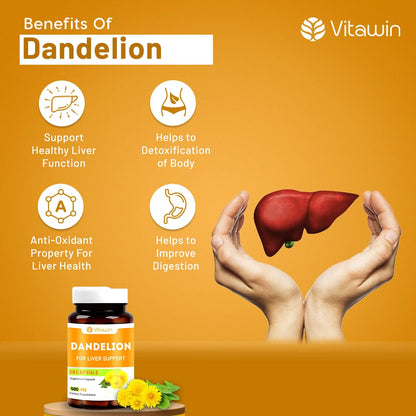 VitaWin Dandelion Capsules 500mg | Herbal Supplement for Daily Wellness, Plant-Based Nutrition & Antioxidant Support | 60 Vegetarian Capsules