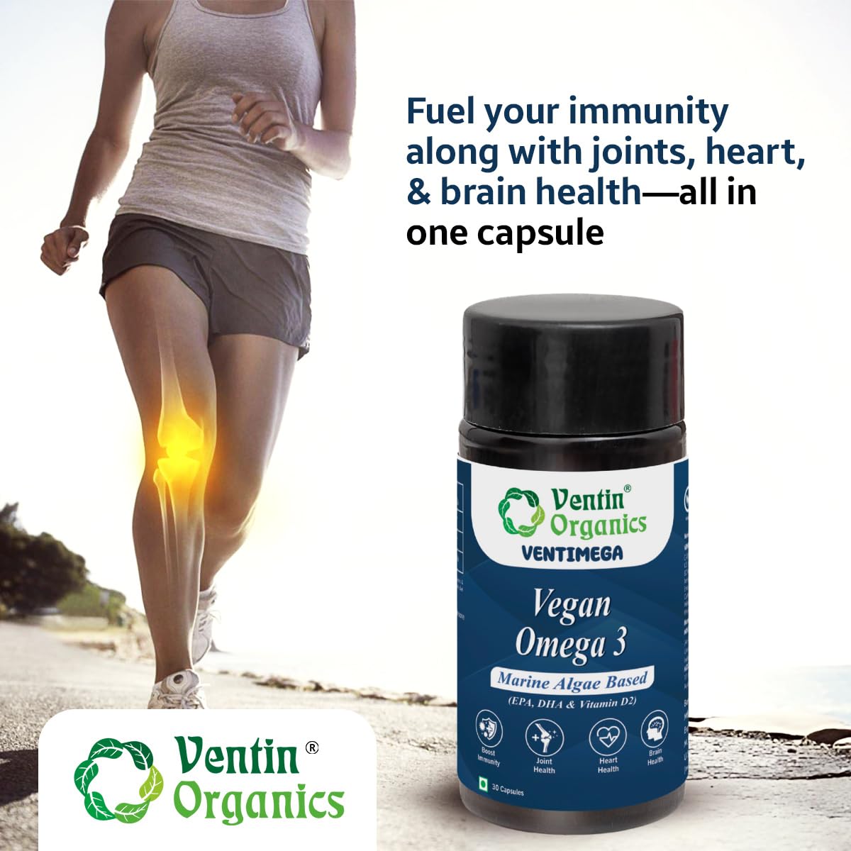 Ventin Organics Ventimega Vegan Omega 3 | 30N | Marine Algae Extract with EPA & DHA | Enhanced with Vitamin D2 | Supports Muscles & Joints, Heart & Brain Health | For Both Men & Women
