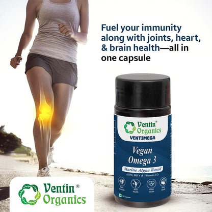 Ventin Organics Ventimega Vegan Omega 3 | 30N | Marine Algae Extract with EPA & DHA | Enhanced with Vitamin D2 | Supports Muscles & Joints, Heart & Brain Health | For Both Men & Women