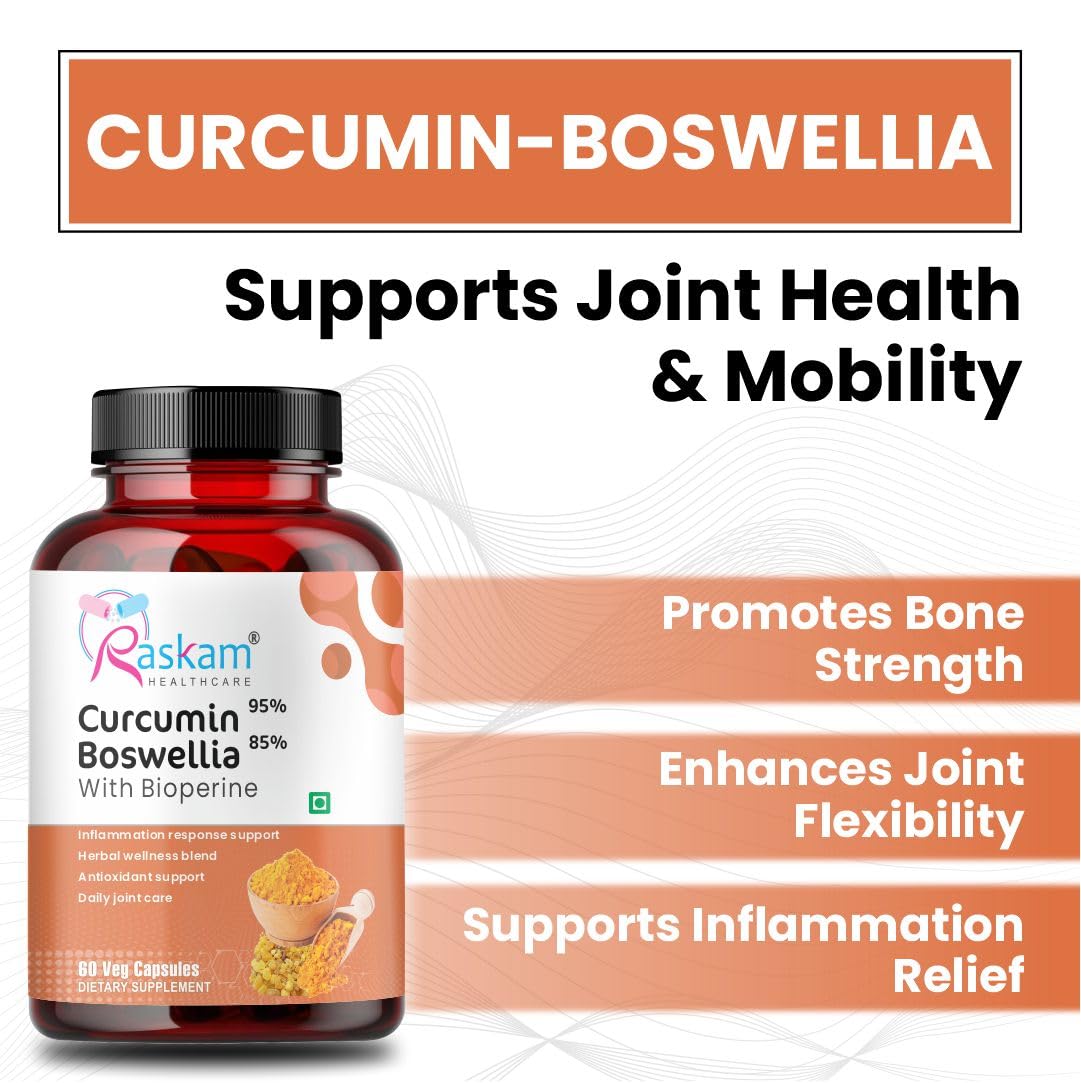 Raskam Curcumin 95%, Boswellia 85%, 510mg Capsules with Bioperine | 60 Veg Capsules | Super Antioxidant, Improves Metabolism, Fights Inflammation | 60 veg capsules