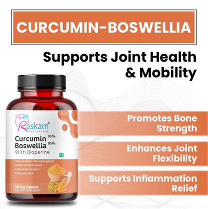 Raskam Curcumin 95%, Boswellia 85%, 510mg Capsules with Bioperine | 60 Veg Capsules | Super Antioxidant, Improves Metabolism, Fights Inflammation | 60 veg capsules