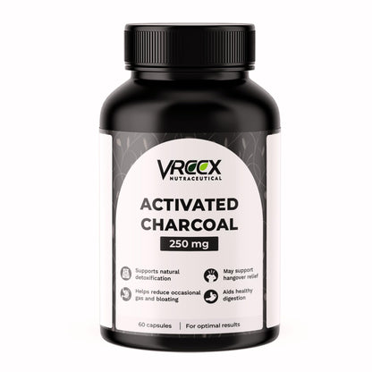 VREEX Activated Charcoal 250 mg – Supports Natural Detox, Helps Reduce Gas & Bloating and Digestive Cleanse (60 Veg Capsules)