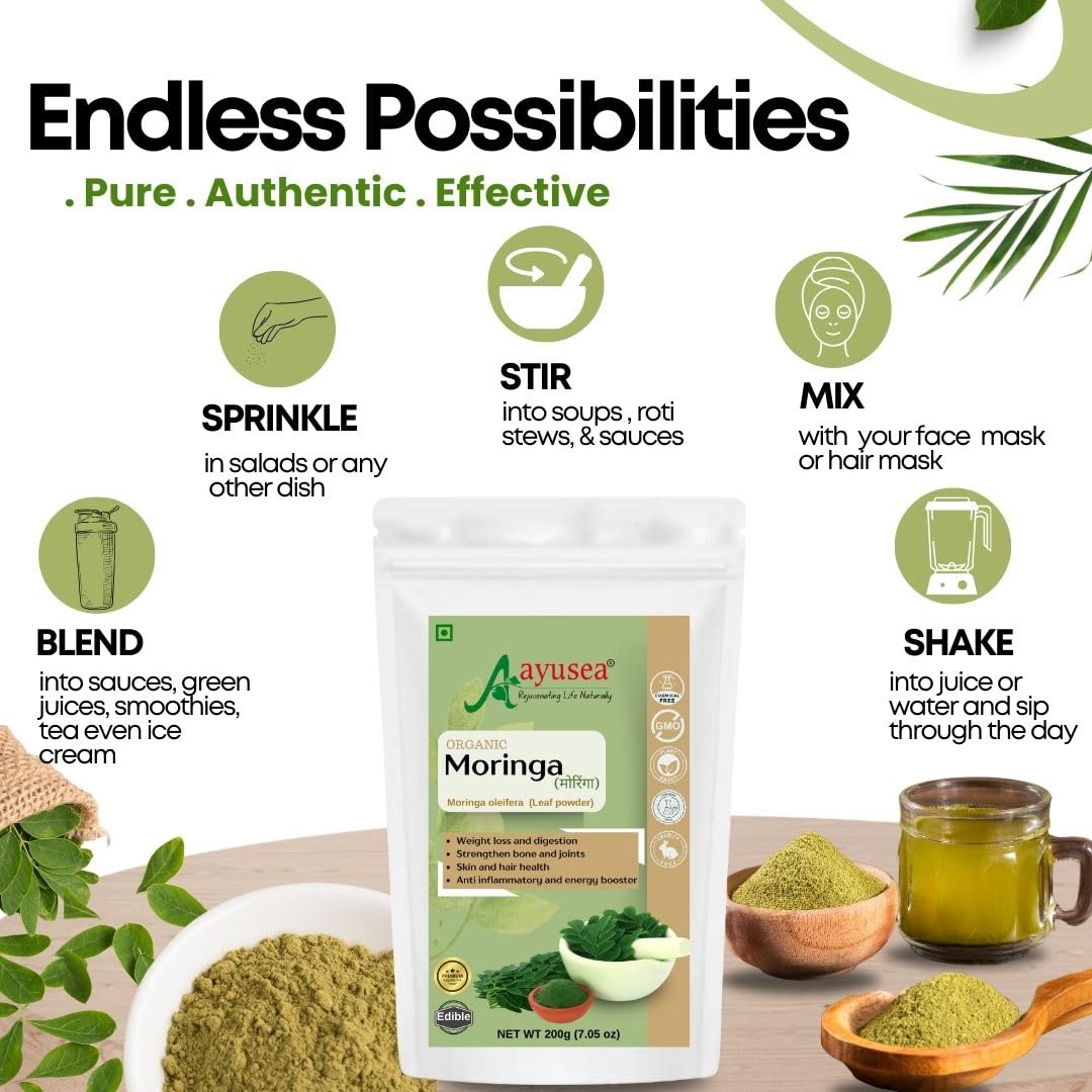 AYUSEA® 100% Pure Moringa Powder for Skin & Wellness – 200gm (Pack of 1)