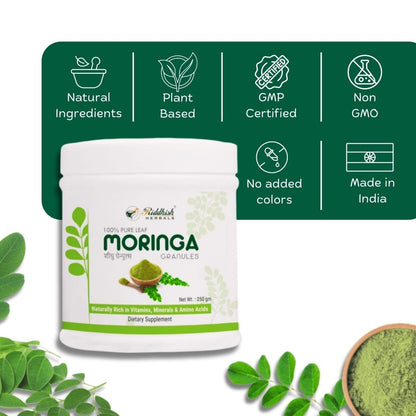 Riddhish Herbals Moringa Granules 250g - Pure Moringa Oleifera Shigru Drumstick Leaf - Easy Mixing Natural Flavour Daily Nutrition Drink - Rich in Vitamins Minerals & Amino Acids - FSSAI GMP Certified