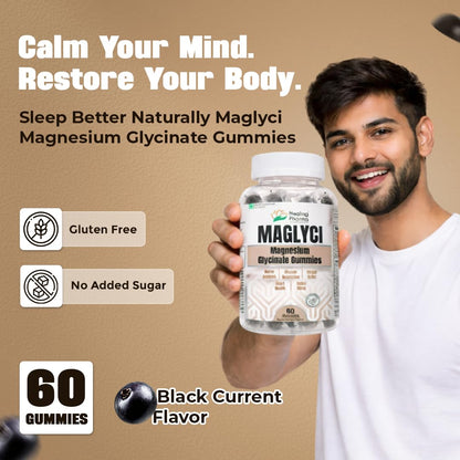 Healing Pharma - Maglyci Magnesium Glycinate Gummies for Better Sleep, Stress Relief and Muscle Relaxation | With Vitamin D3 & B6 | Zero Added Sugar | Magnesium Glycinate Supplement For Men & Women- 60 Gummies Black Currant Flavour