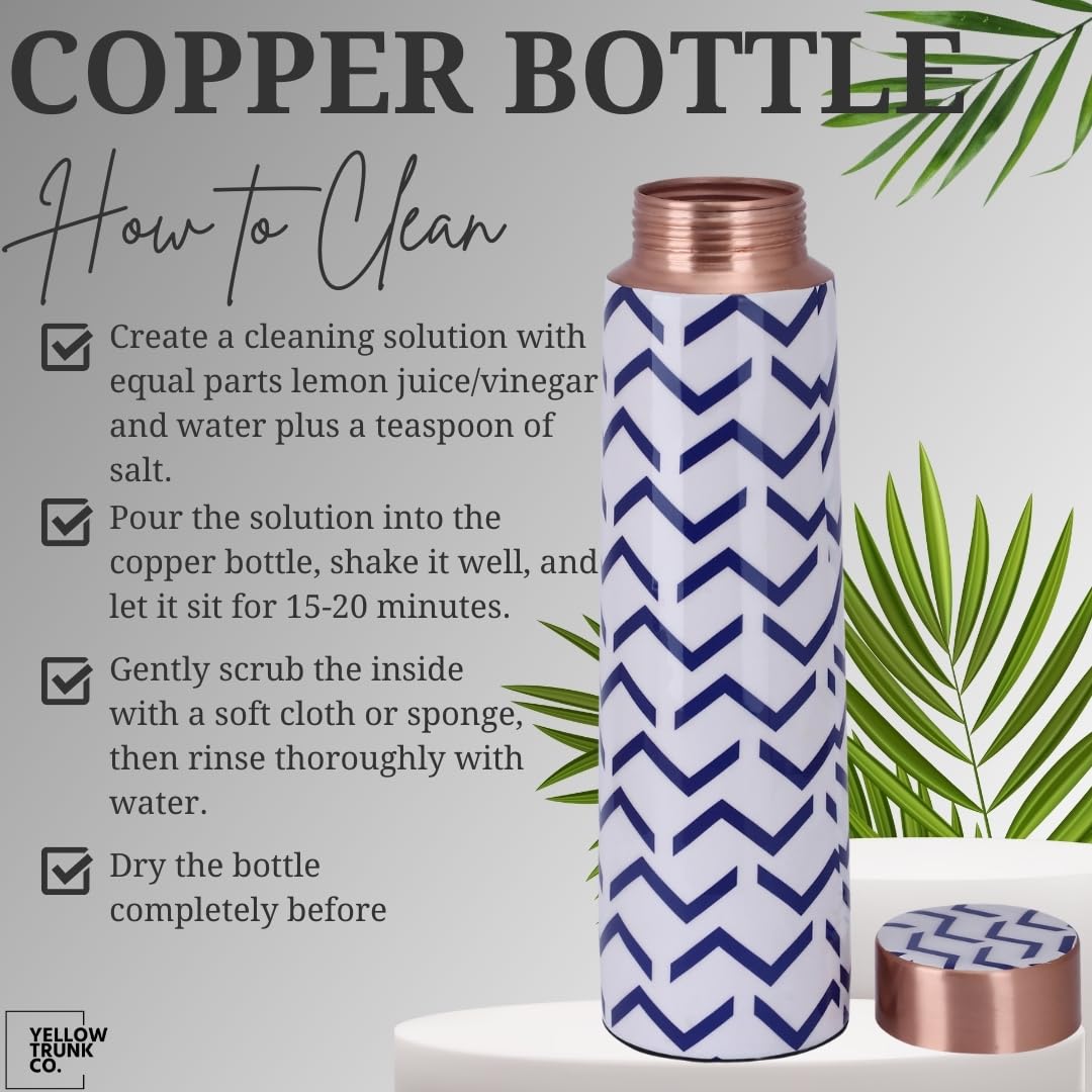 Yellow Trunk Co. Printed Copper Water Bottle - 1000ml | Blue and White Chevron | Modern Design | Leak Proof Design| Health Benefits